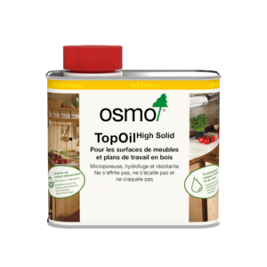 OSMO TOP OIL 0.5 Litre OSMO TOP OIL 0.5 Litre solution idéale pour la protection des surfaces de meubles et des plans de travail en bois massif ou en bois lamellé-collé (par ex. plans de travail de cuisine, planches à découper ou à manger, bureaux, étagères, etc.) en intérieur.