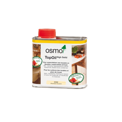OSMO TOP OIL 3058 incolore mate OSMO TOP OIL 0.5 Litre solution idéale pour la protection des surfaces de meubles et des plans de travail en bois massif ou en bois lamellé-collé (par ex. plans de travail de cuisine, planches à découper ou à manger, bureaux, étagères, etc.) en intérieur.