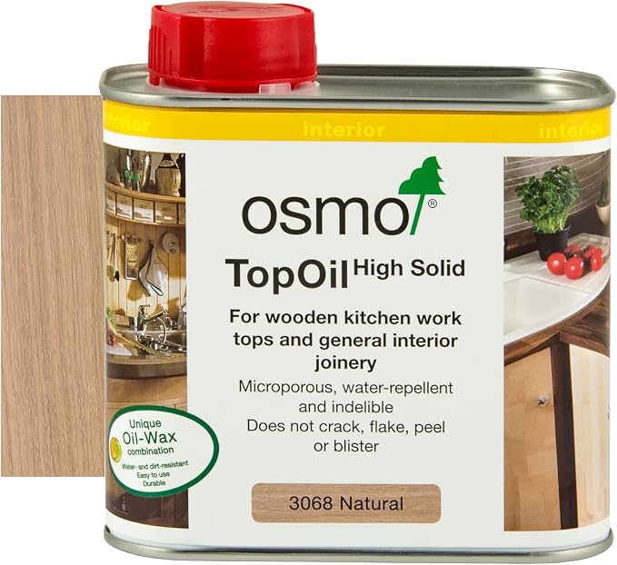 topoil 3068 natural osmo OSMO TOP OIL 0.5 Litre solution idéale pour la protection des surfaces de meubles et des plans de travail en bois massif ou en bois lamellé-collé (par ex. plans de travail de cuisine, planches à découper ou à manger, bureaux, étagères, etc.) en intérieur.